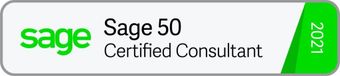 The logo for sage 50 certified consultant is green and white.