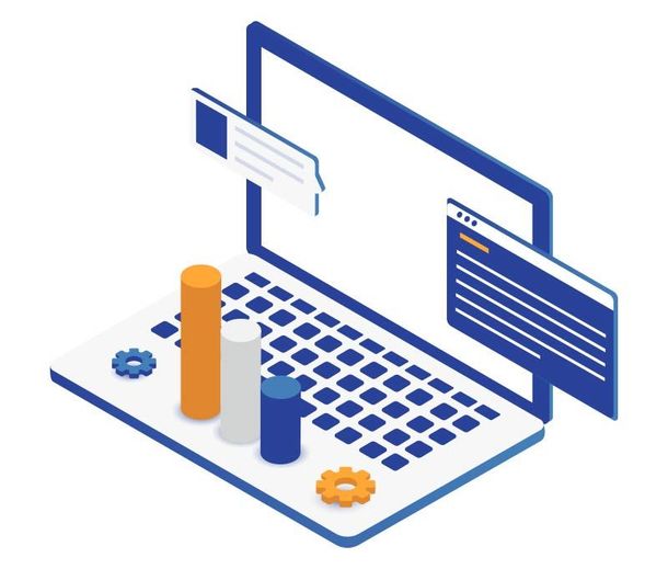 An isometric illustration of a laptop computer with graphs and gears on the keyboard.