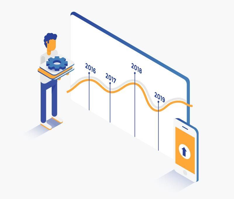 An isometric illustration of a man holding a gear next to a graph.