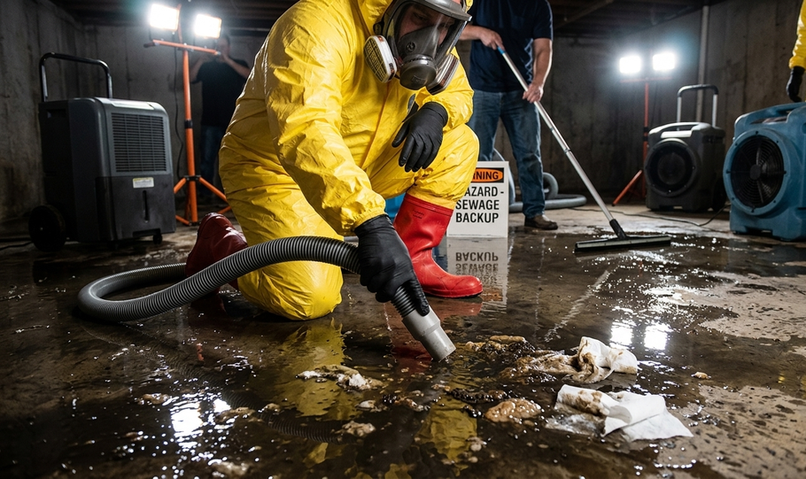 Worker in yellow protective suit cleaning a flooded industrial floor with a hose, surrounded by equipment and puddles