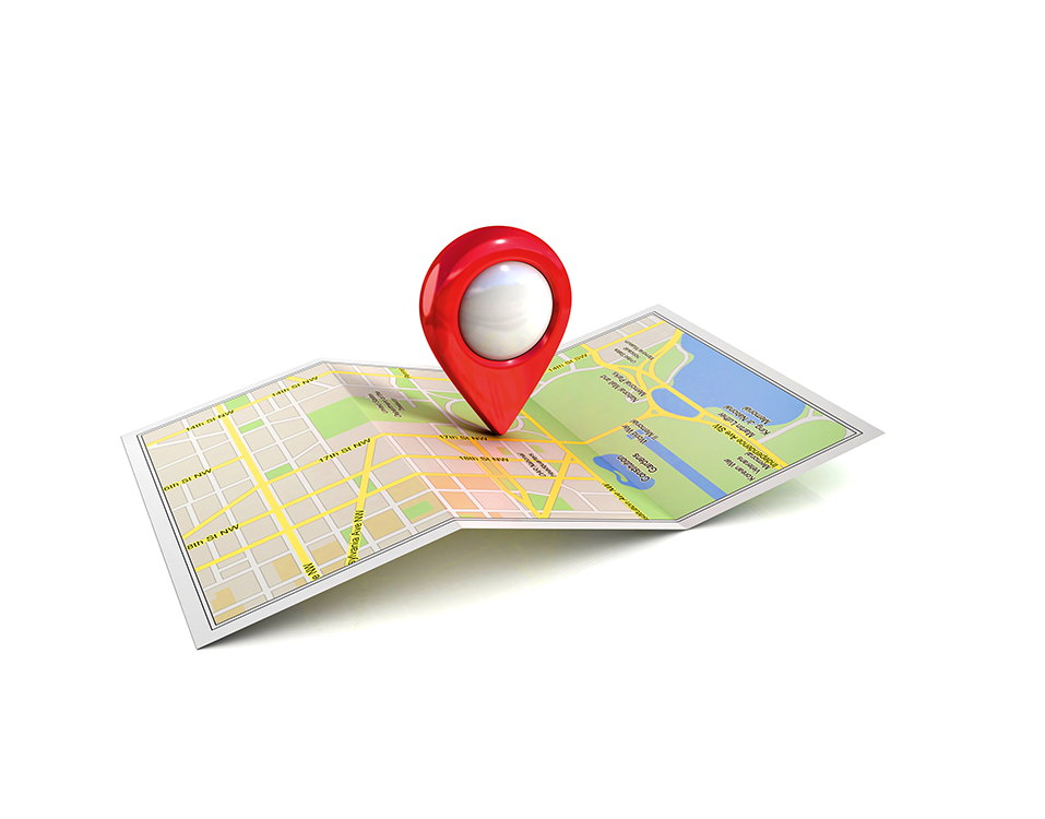 A map with a red pin on it.