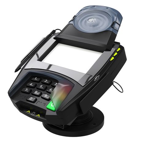 A black credit card reader with a pen attached to it