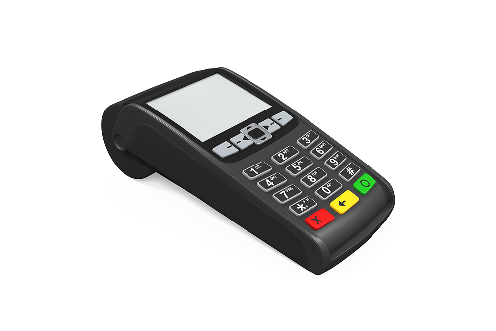 A 3d rendering of a credit card machine on a white background.