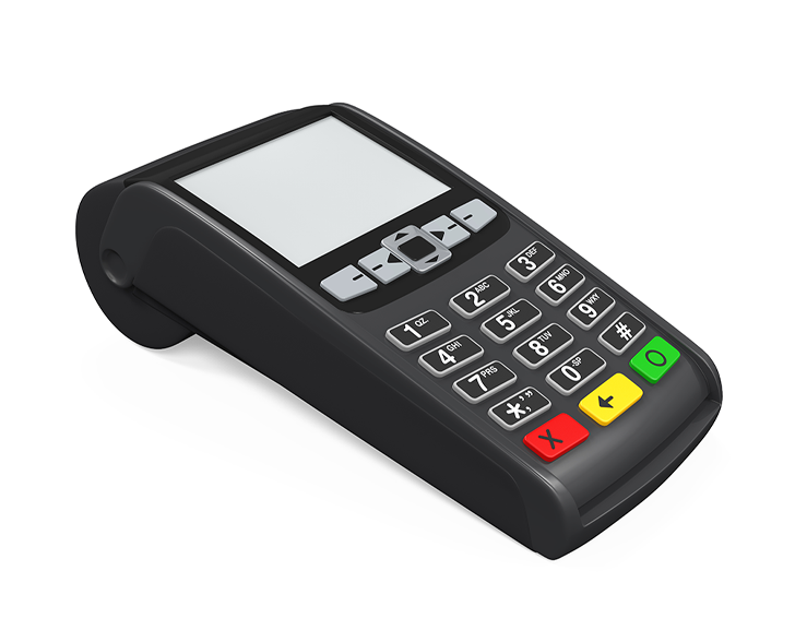 A 3d rendering of a credit card machine on a white background.