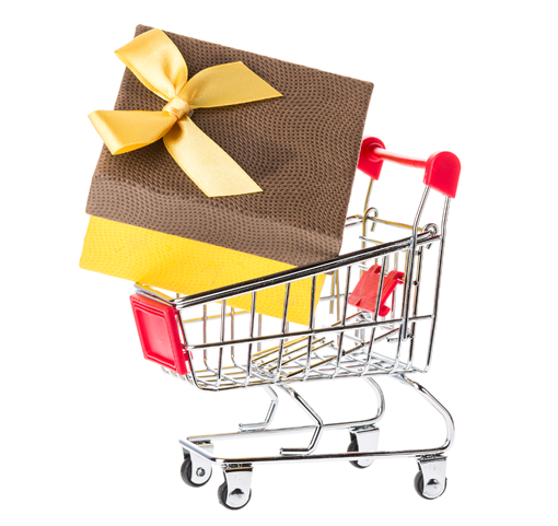 A shopping cart with a gift box in it