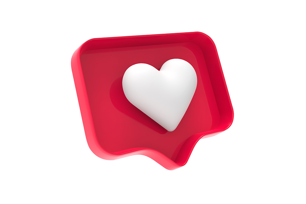 A red speech bubble with a white heart inside of it.