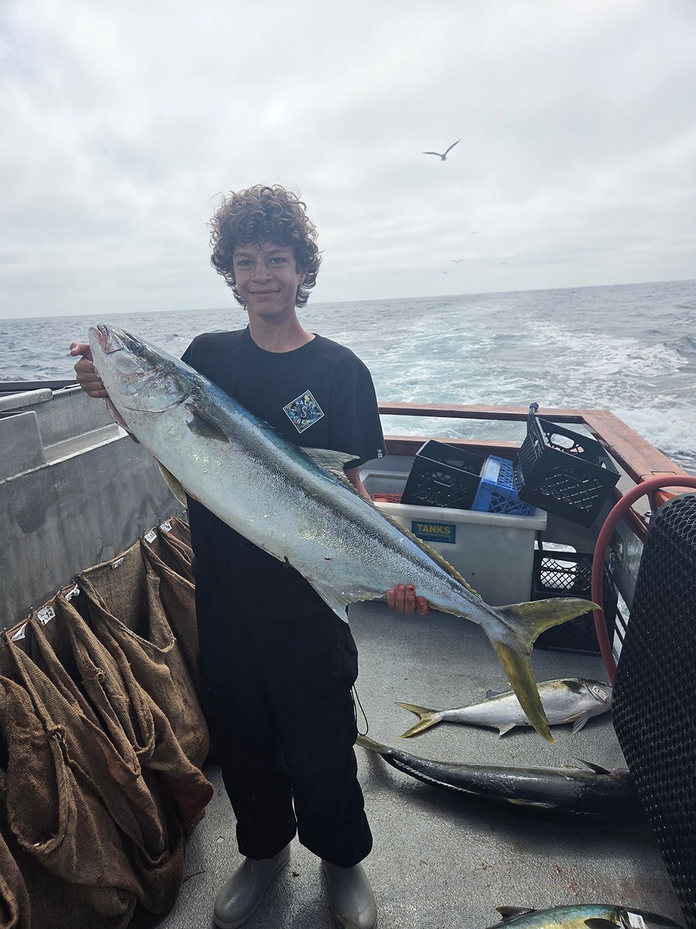 Boy on a boat holding a large, silver fish with yellow tail. Ocean in the background.