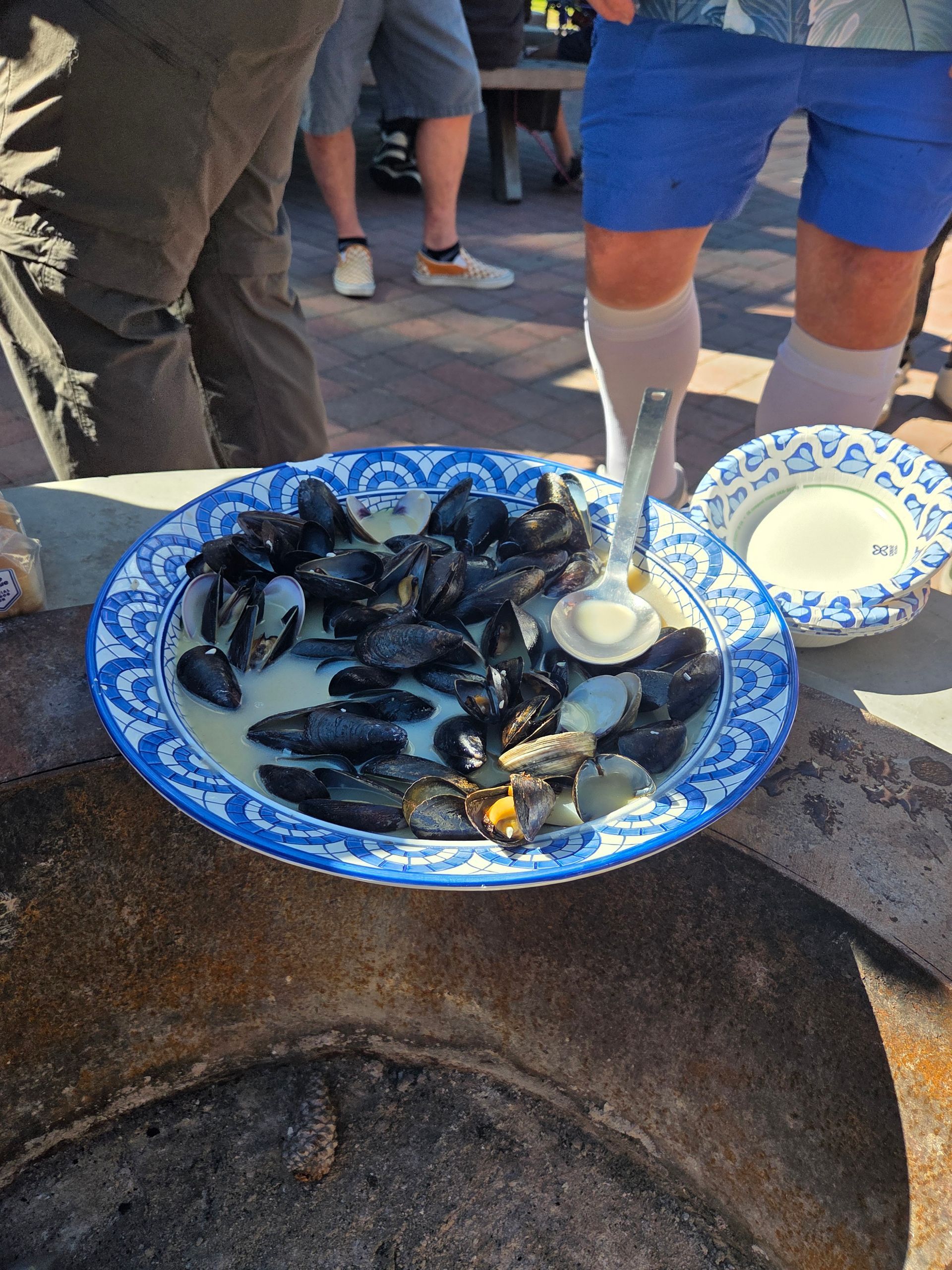 Mussels in a blue and white patterned dish, with a ladle, near people in shorts outdoors.