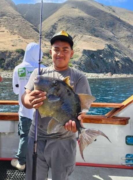 Young man holding a large, colorful fish, with a fishing rod, on a boat with a mountain backdrop.
