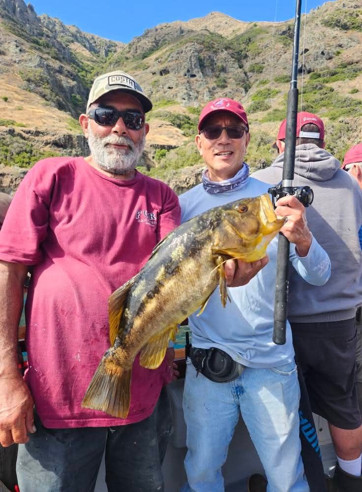 Two men holding a large fish, with a mountain backdrop, clear sky.