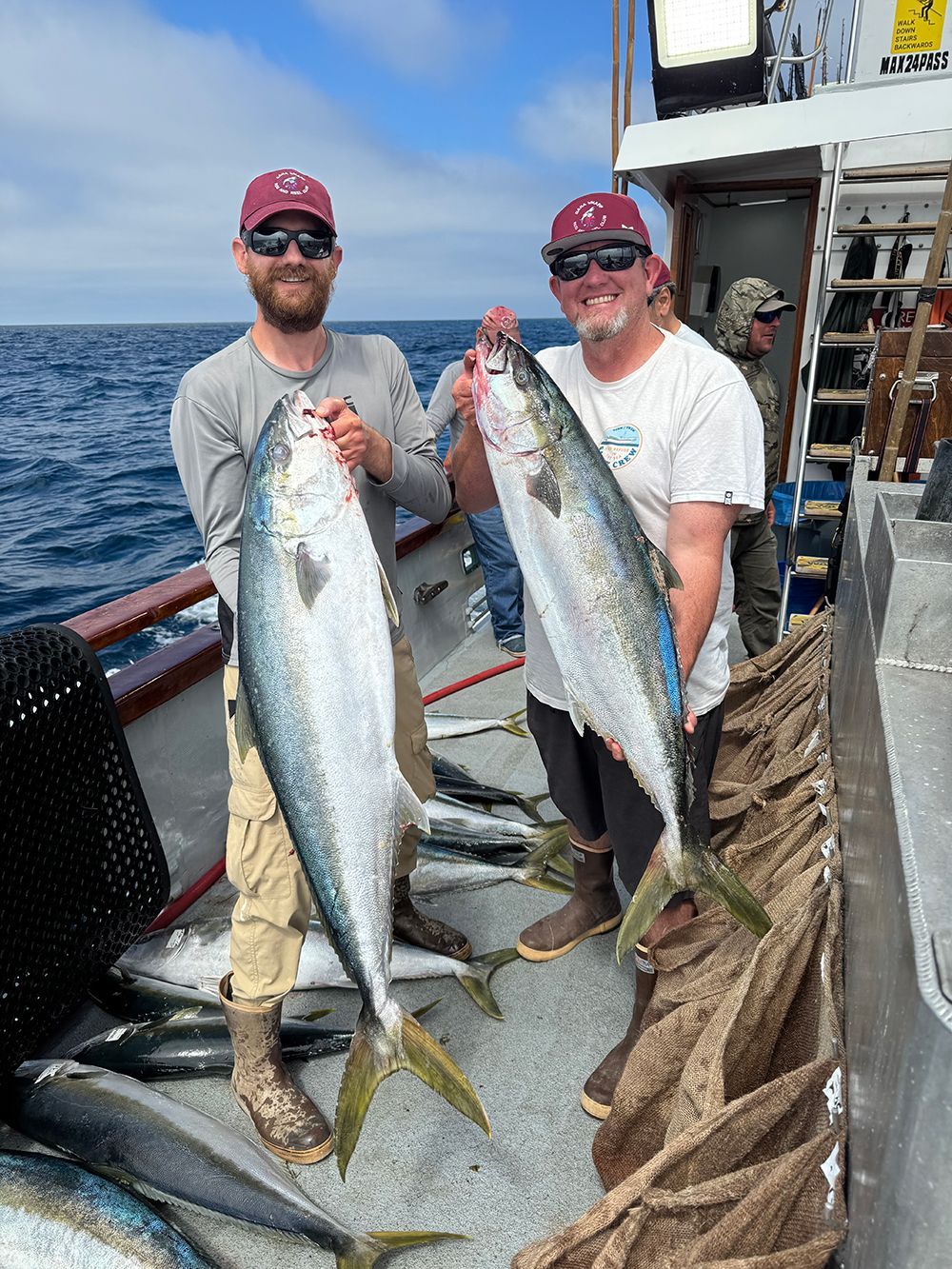 Two men on a boat hold up large fish they've caught. Blue water, sunny day.