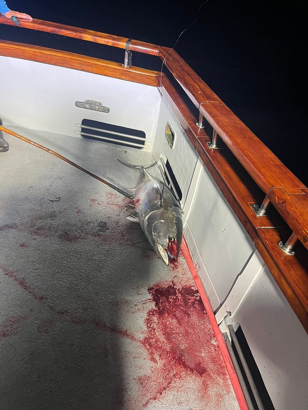 A large fish, covered in blood, lies on a boat deck with wooden trim at night.