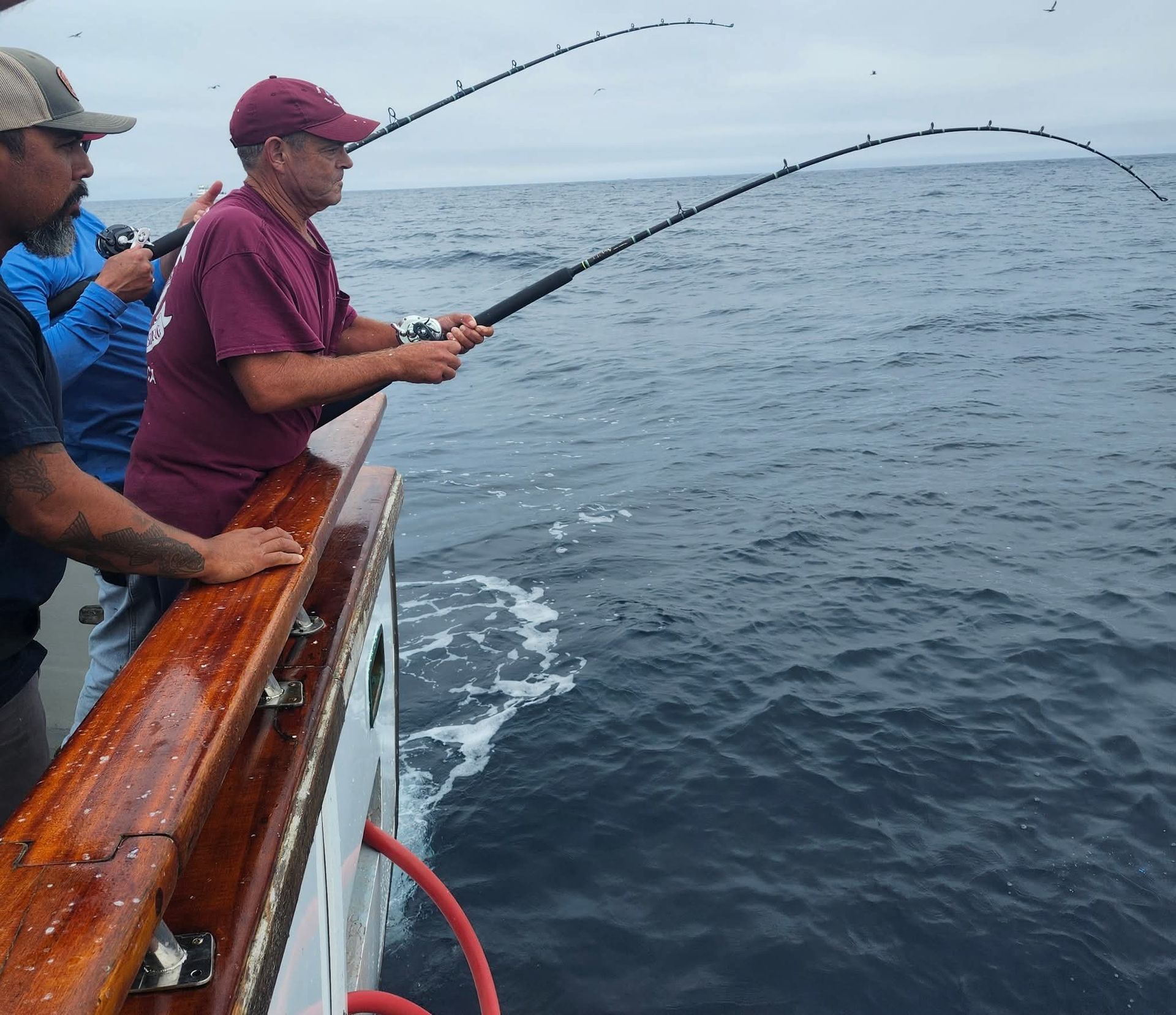 Man on a boat holding up a large fish. Sunset on the water, other people fishing.
