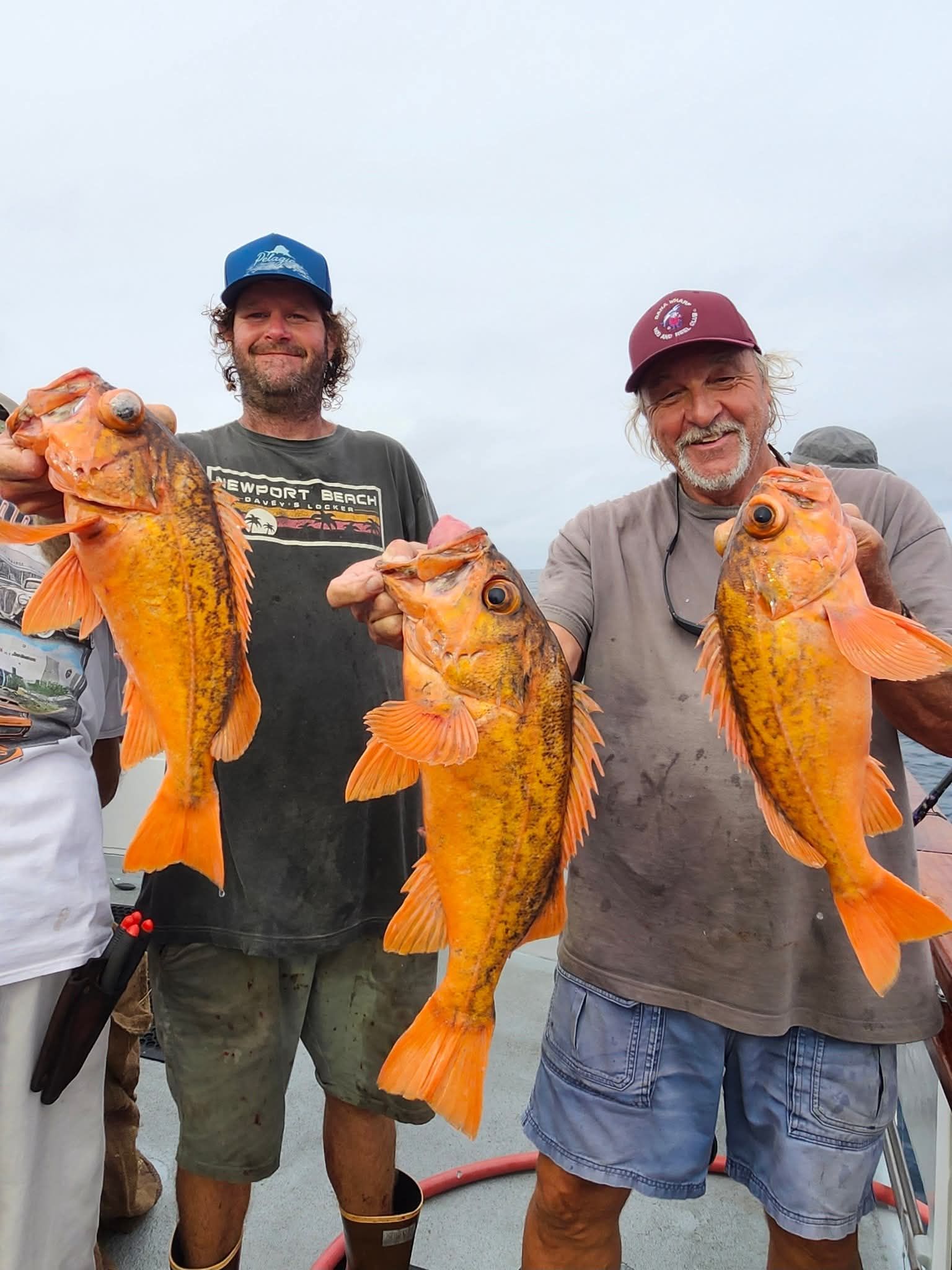 Two men on a boat holding a large tuna fish they caught. Blue sky and water visible.