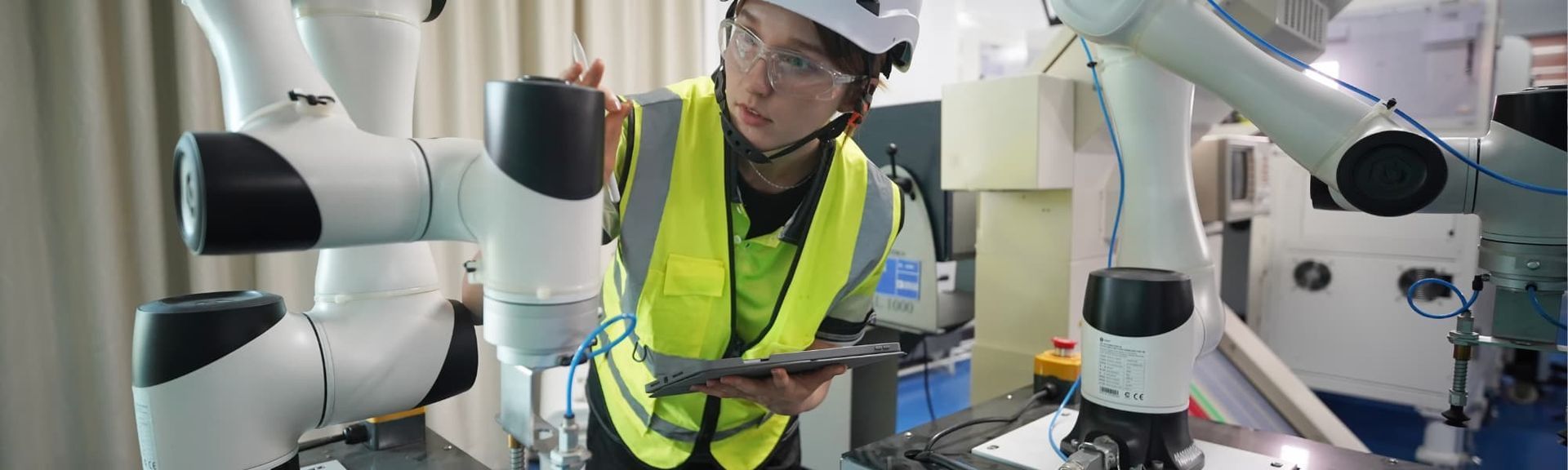 Technician in a yellow safety vest inspecting robotic arms in a lab or factory setting