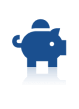 A blue piggy bank icon with a coin slot on top and a reflection below.