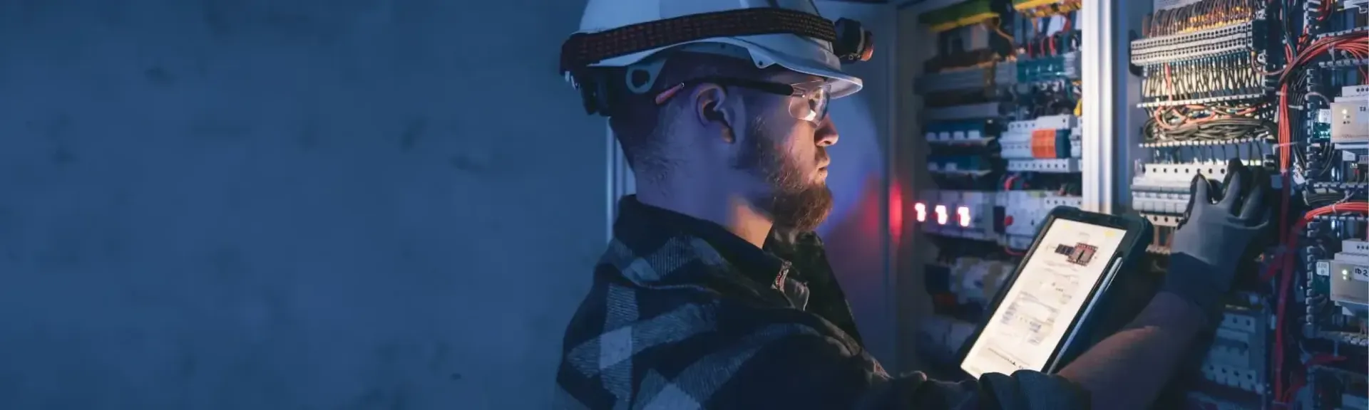 Technician in hard hat checks server rack with a tablet in a blue-lit data center
