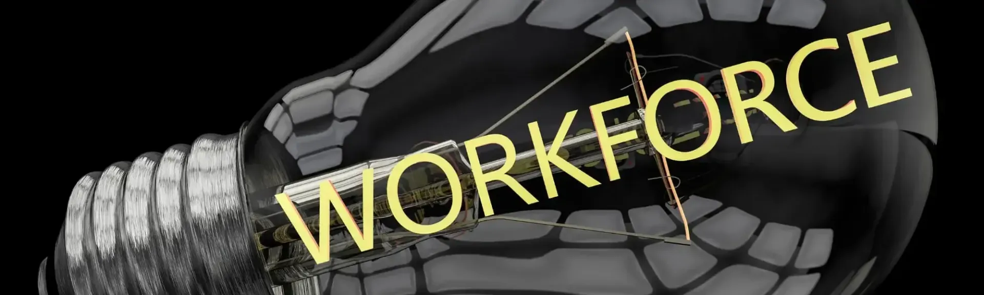 Yellow “WORKFORCE” text over a black-and-white abstract background of a hand and arm in a glove