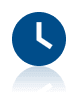 A blue circular icon featuring white clock hands set to approximately four o'clock, with a reflection at the bottom.