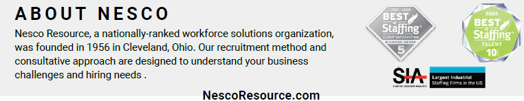 Nesco Resource company information: description, website link, and industry awards logos.