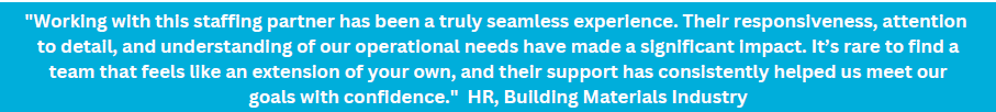 Testimonial in white text on a blue background from an HR professional in the building materials industry.