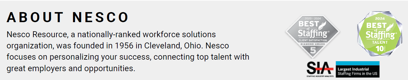 Nesco Resource company information with Best of Staffing awards and SIA certification logos.