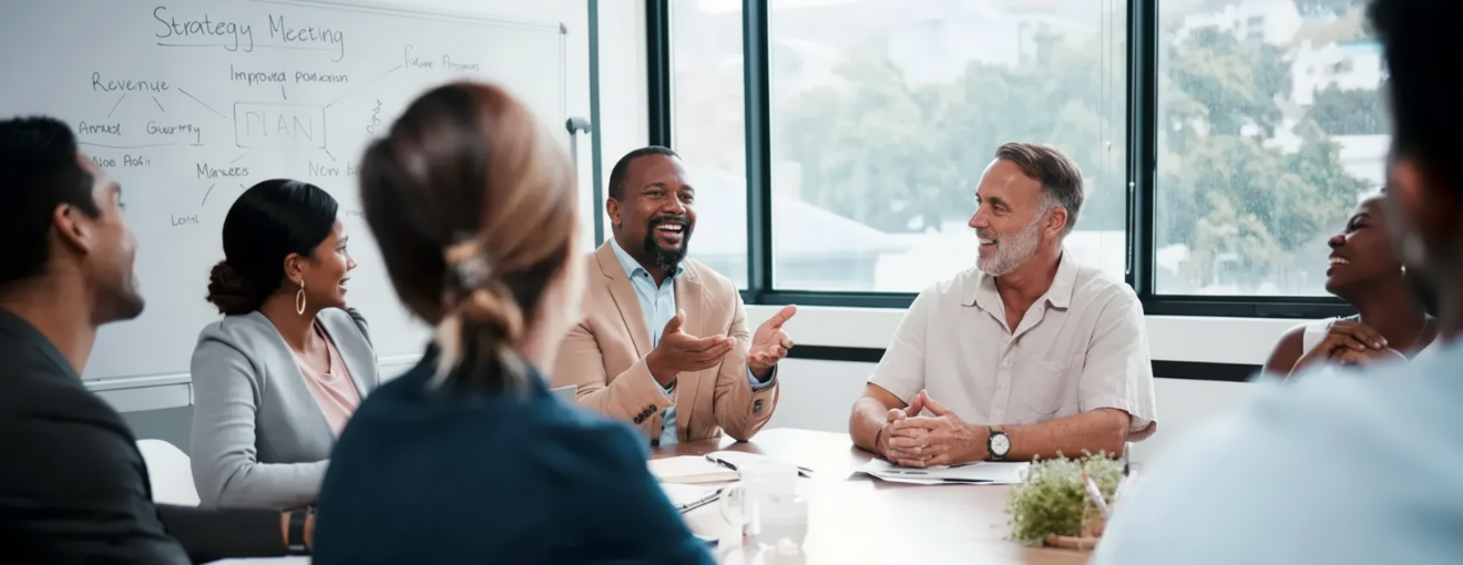 A diverse group of professionals smiles and talks while meeting around a table in a brightly lit, modern office.