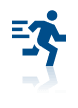 A blue icon of a person running, with motion lines on the left and a reflection effect at the bottom.