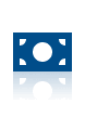 A dark blue icon of a rectangular banknote with rounded corner accents and a central circular motif, with a reflection.