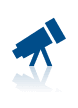 A dark blue icon of a telescope on a tripod with a reflection underneath.