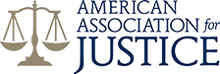 The logo for the american association for justice has a scale of justice on it.