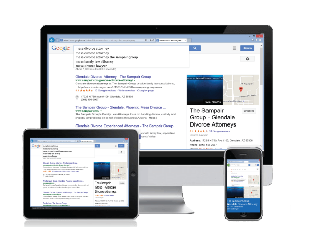 A computer , tablet , and cell phone are displaying a google search page.