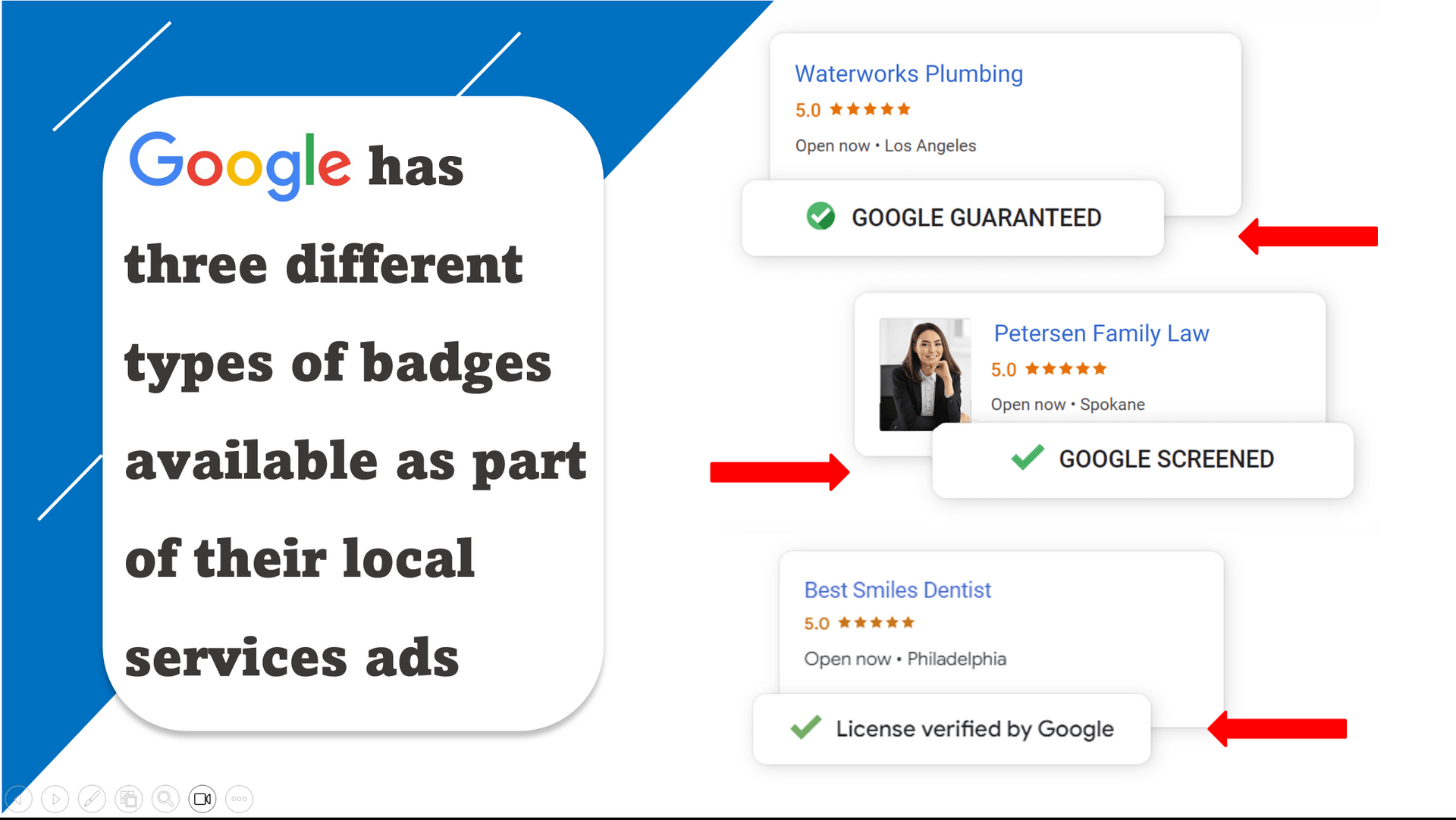 Google has three different types of badges available as part of their local services ads.