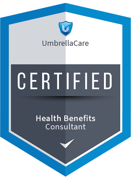 An umbrellacare certified health benefits consultant badge