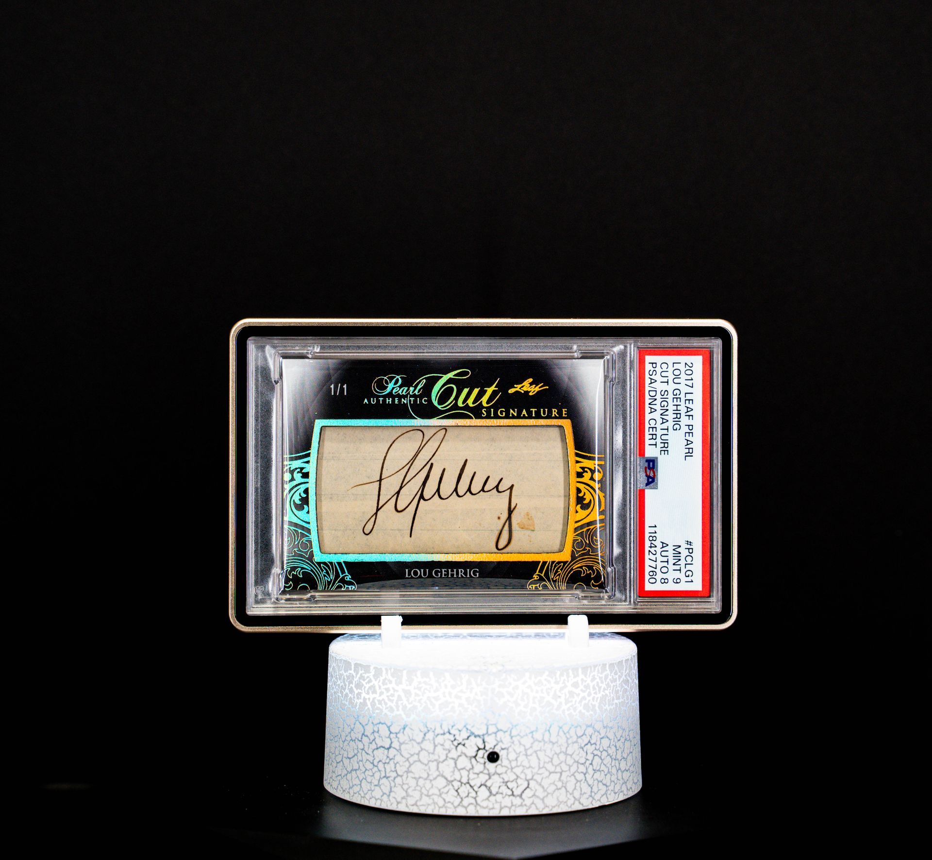 2017 Leaf Purl Cut Signatures, Lou Gehrig (SN: 1/1) #PCLG1 (PSA Card Mint 9 Auto 8 PSA: #118427760)