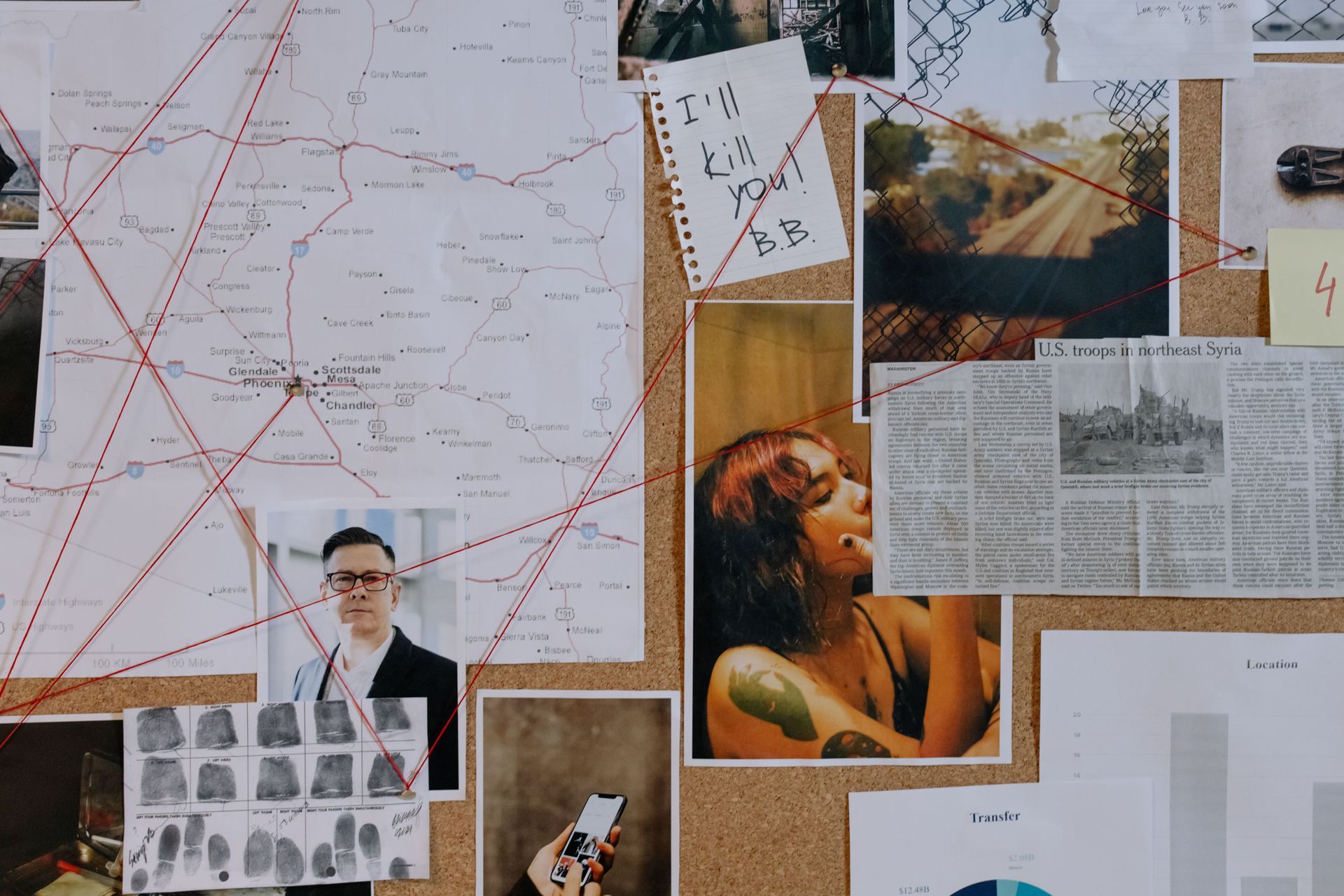 Corkboard collage with map sketches, red string connections, photos, and newspaper clippings