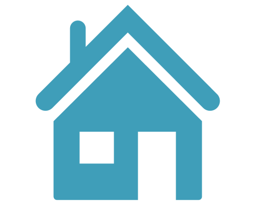A simple, light blue icon of a house with a chimney, a square window, and a door.