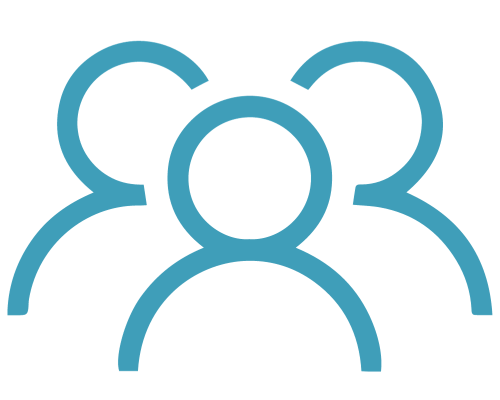 A teal icon of three stylized human figures overlapping, representing a group, team, or community.