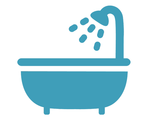Blue bathtub icon with a shower head spraying water.