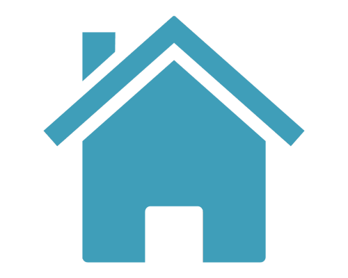 A teal blue house icon featuring a simple roof, a chimney on the left, and a central doorway.