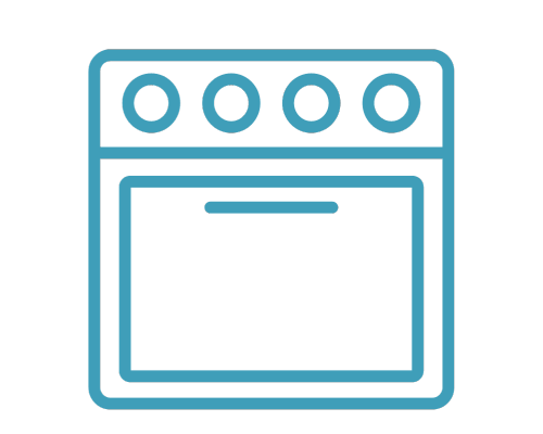 A blue line-art icon of a kitchen stove with four control knobs and an oven door.