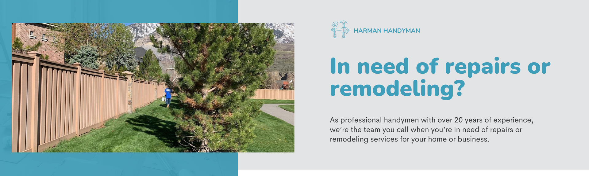 A wooden fence lines a green yard. Text asks