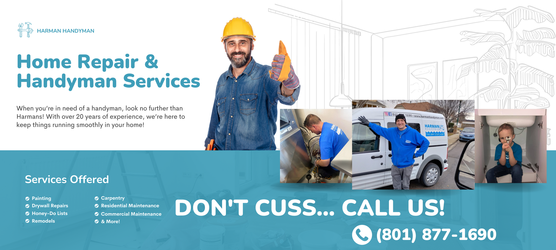 Ad for home repair and handyman services, featuring a worker, service van, contact info, and 