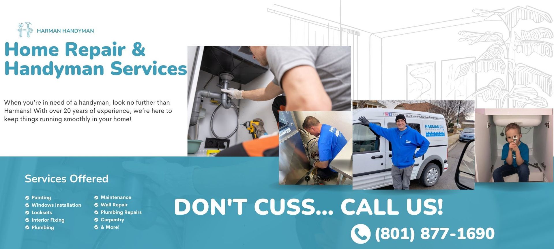 Ad for home repair and handyman services, featuring a worker, service van, contact info, and 