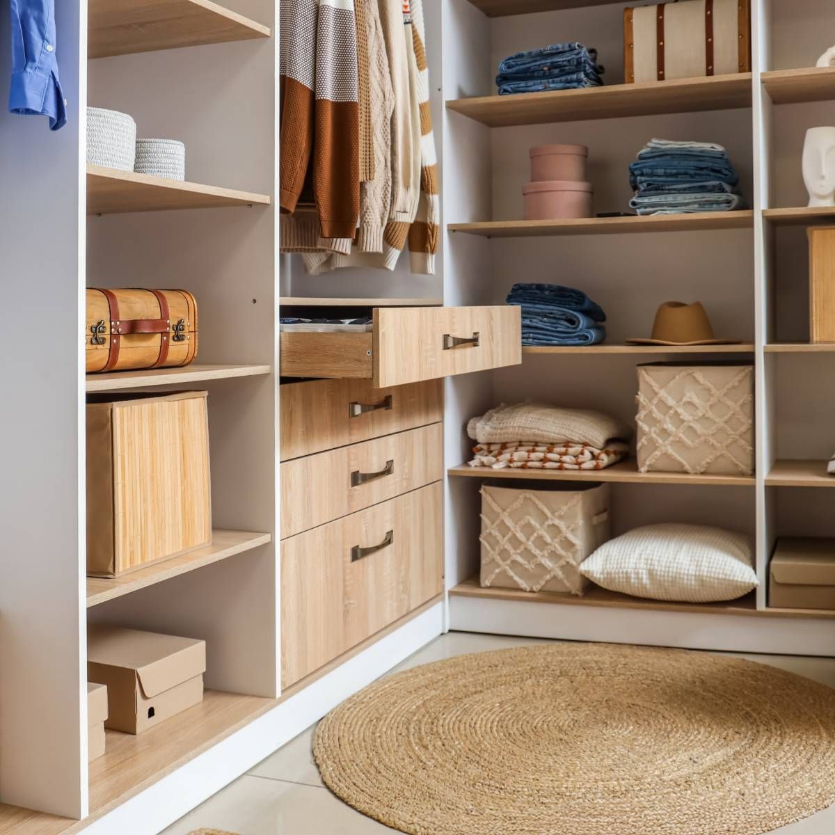 Walk-in closet with light wood shelves, drawers, and neutral-toned clothing, decor, and a round rug.