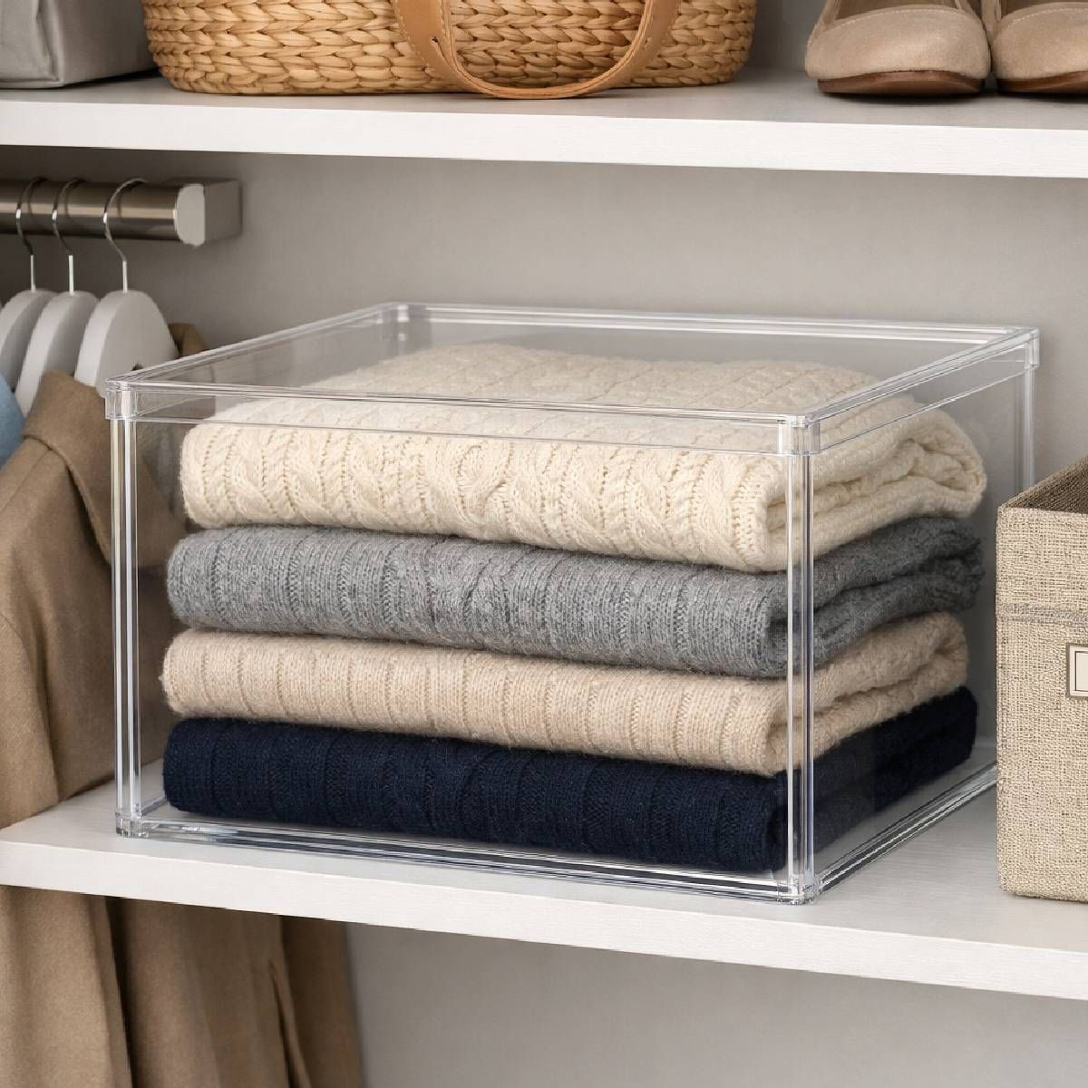 Clear plastic storage bin holding folded sweaters on a closet shelf.