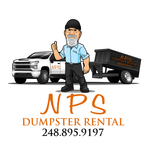 NPS Dumpster Rental logo: man giving thumbs up next to truck and dumpster. Orange text and phone number.
