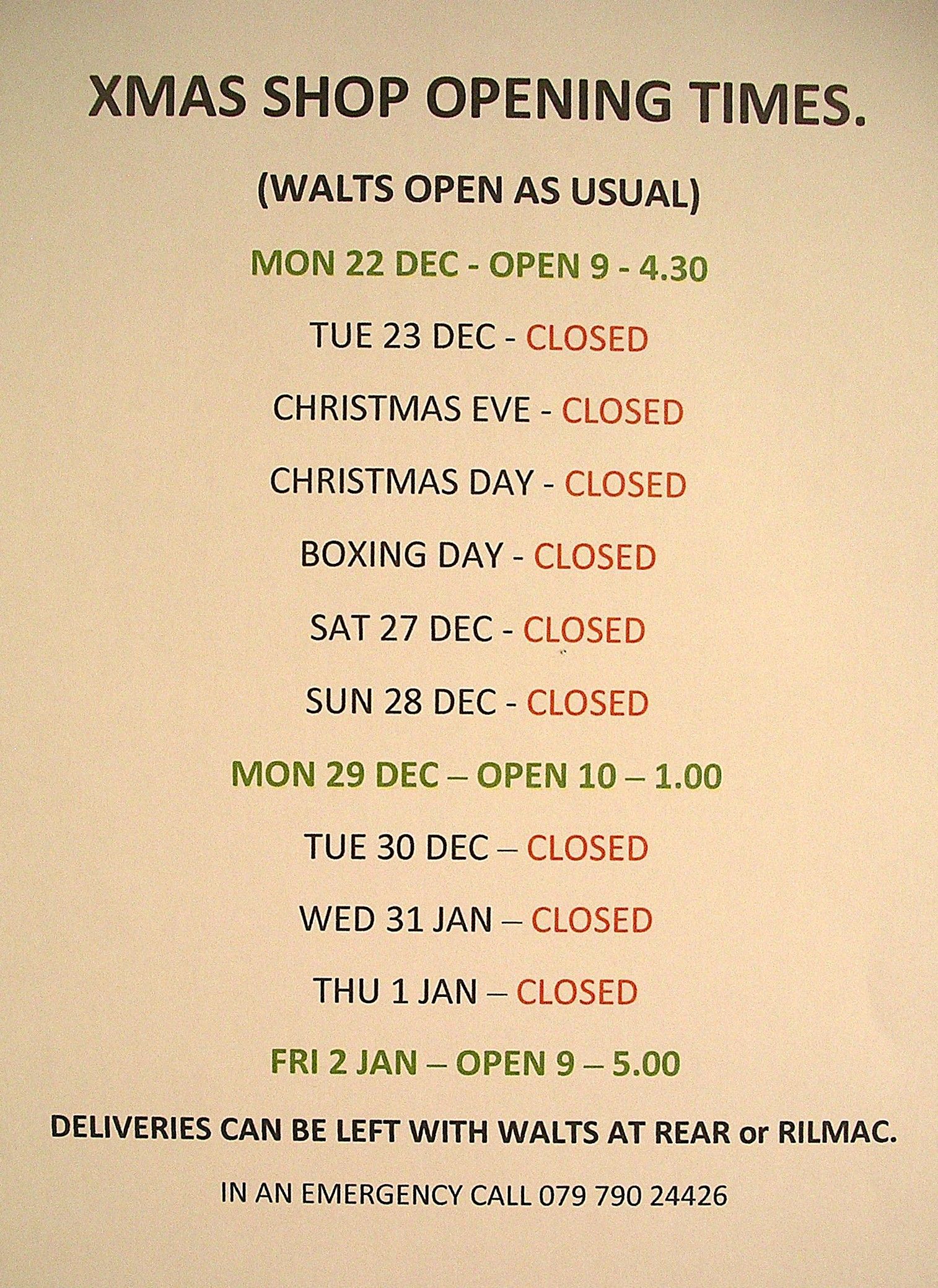Xmas Opening times