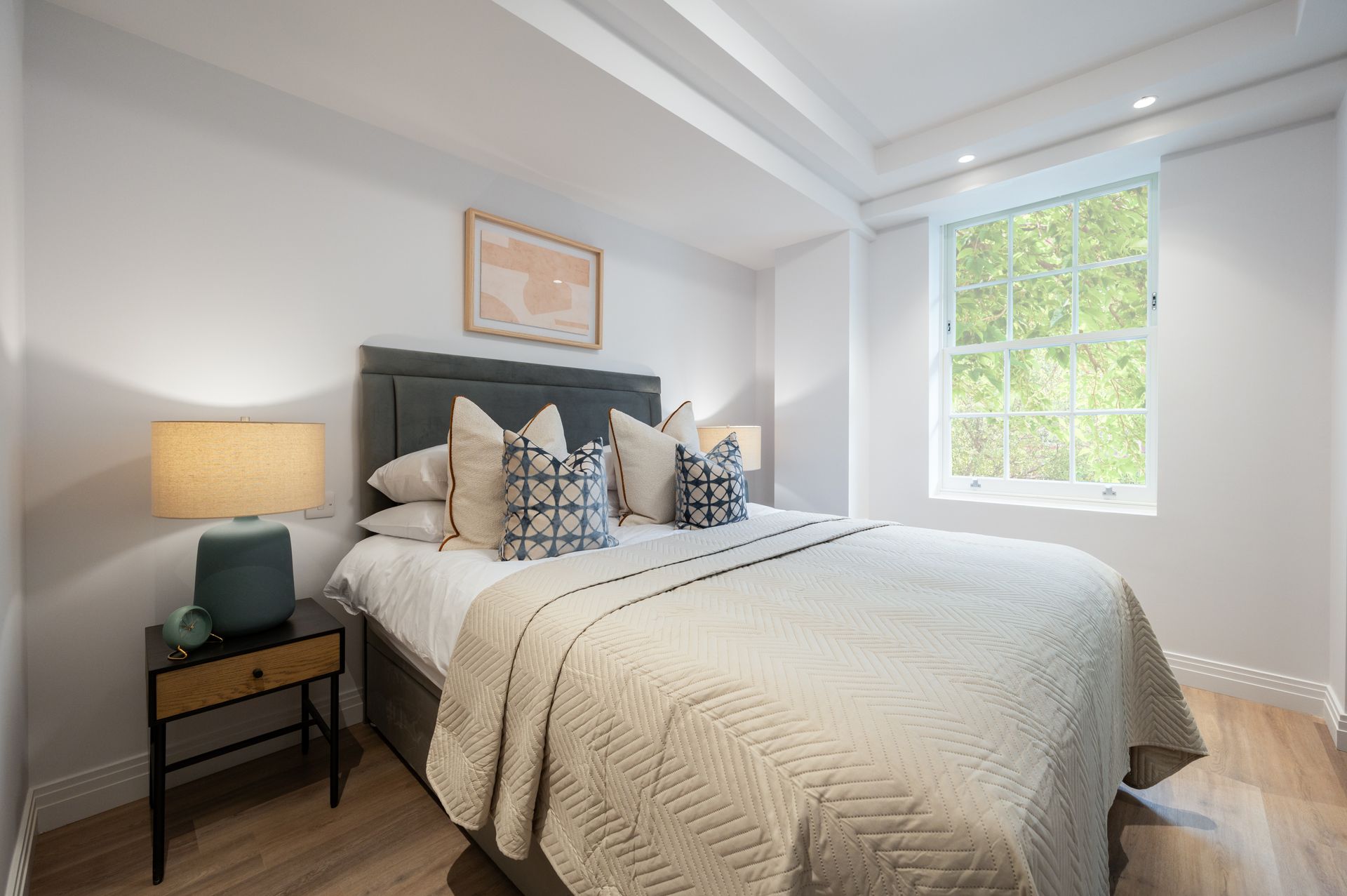 Bedroom at Dolphin Square in London, UK.