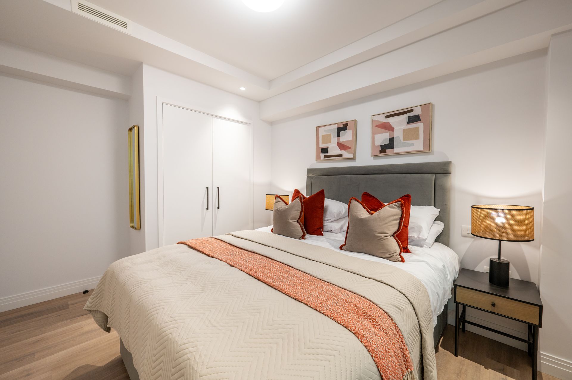 Bedroom at Dolphin Square in London, UK.